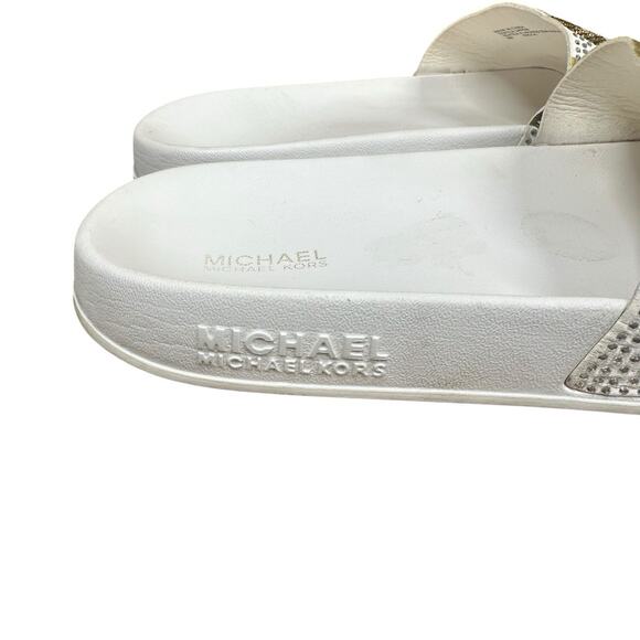 MICHAEL KORS Womens White And Gold Rhinestone Gilmore Slip On Sandals Slides 8M - Picture 5 of 10